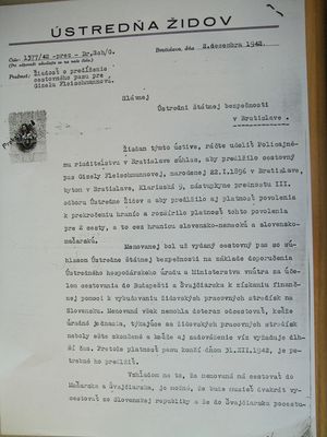 Žiadosť o predĺženie platnosti pasu Gisi Fleischmannovej z 2.12.1942