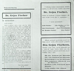 Správy o smrti brata Gisi Fleischmannovej Gustava Fischera