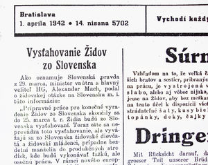 Židia budú zo Slovenska vysťahovaní. Židovský vestník 1.4.1942
